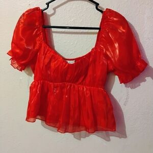 Thirty/Thirty LA Size Small Red Puff Sleeve Sheer Peplum Top